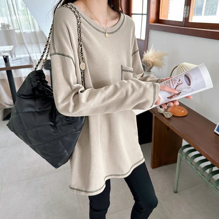 配色ステッチカットソー オーバーサイズ ロンt | COCOMOMO | 詳細画像15 