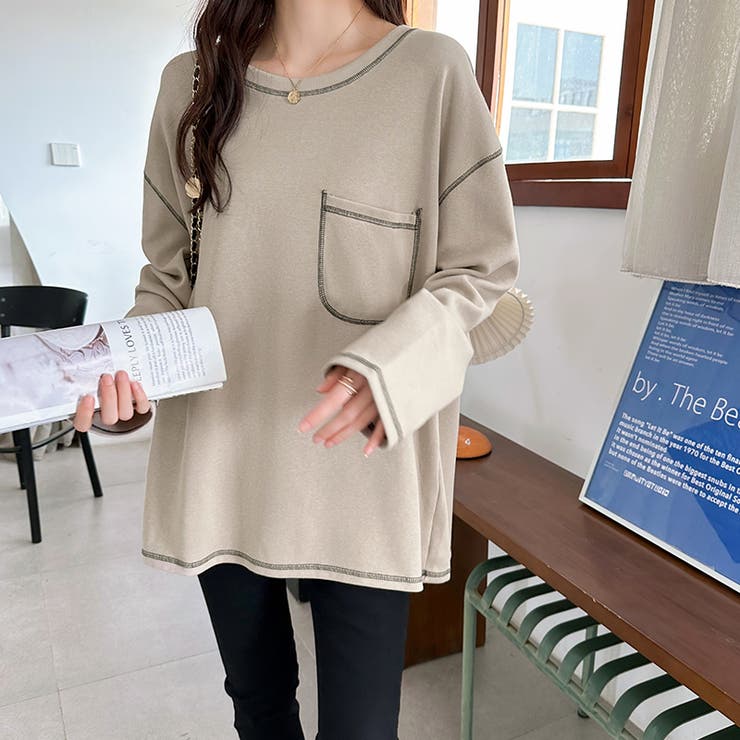 配色ステッチカットソー オーバーサイズ ロンt | COCOMOMO | 詳細画像16 