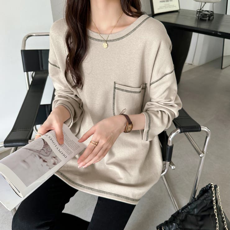 配色ステッチカットソー オーバーサイズ ロンt | COCOMOMO | 詳細画像17 