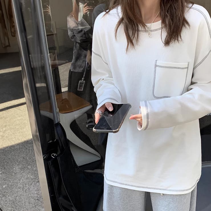 配色ステッチカットソー オーバーサイズ ロンt | COCOMOMO | 詳細画像2 