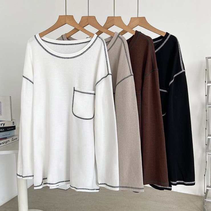 配色ステッチカットソー オーバーサイズ ロンt | COCOMOMO | 詳細画像22 