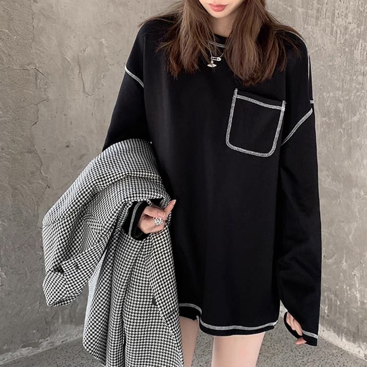 配色ステッチカットソー オーバーサイズ ロンt | COCOMOMO | 詳細画像6 