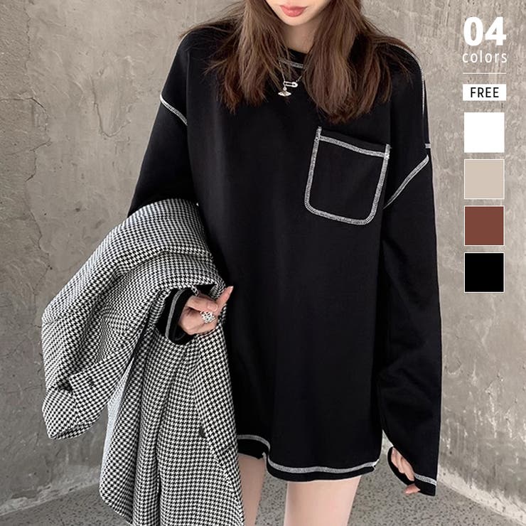 ブラック | 配色ステッチカットソー オーバーサイズ ロンt | COCOMOMO