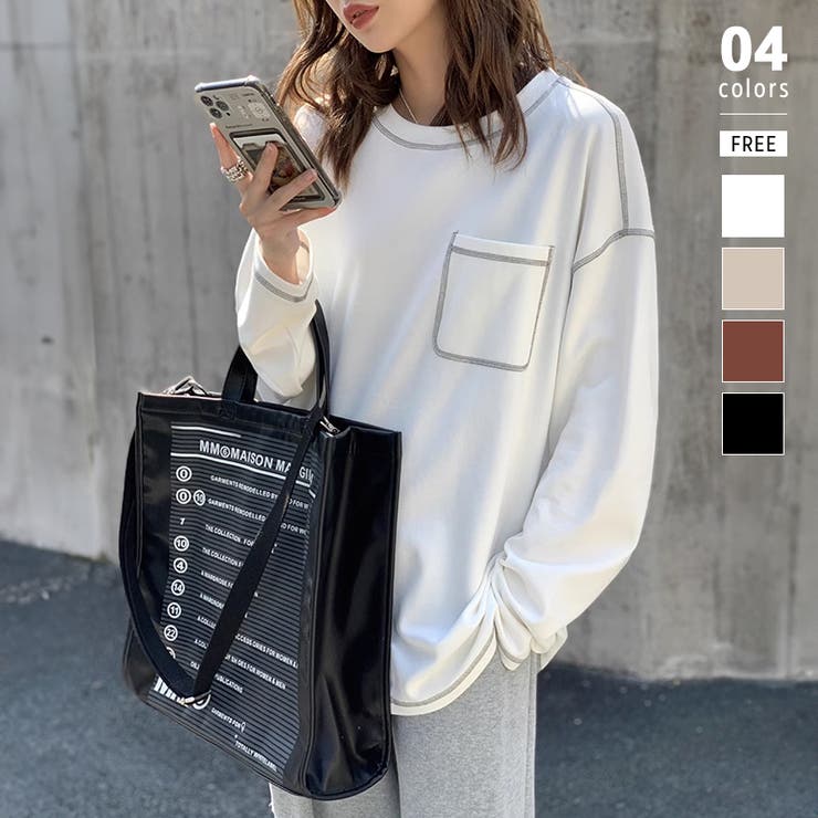 ホワイト | 配色ステッチカットソー オーバーサイズ ロンt | COCOMOMO