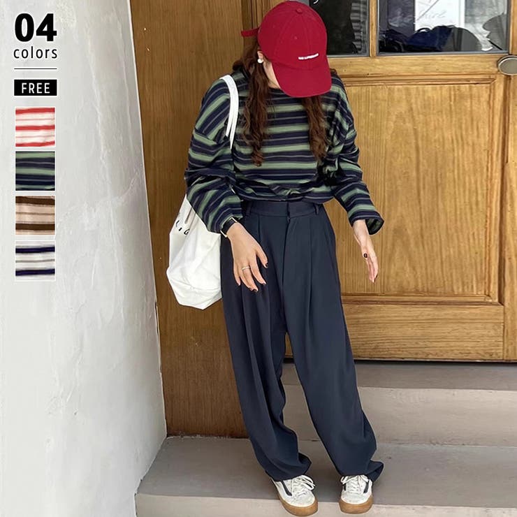 グリーン | ボーダーロンT オーバーサイズ 長袖カットソー | COCOMOMO