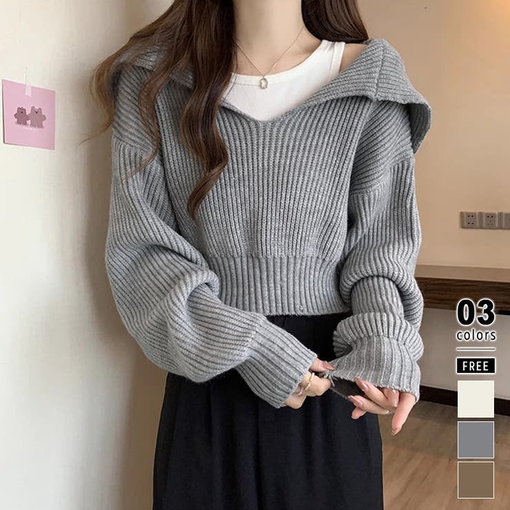 クロップドニットセーター ボリュームスリーブ セーター[品番