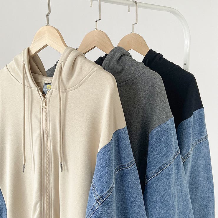 デニムスリーブパーカー 異素材切り替え スウェットパーカー[品番