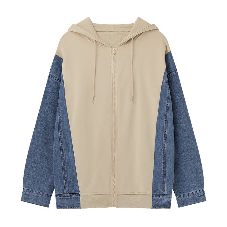 デニムスリーブパーカー 異素材切り替え スウェットパーカー[品番