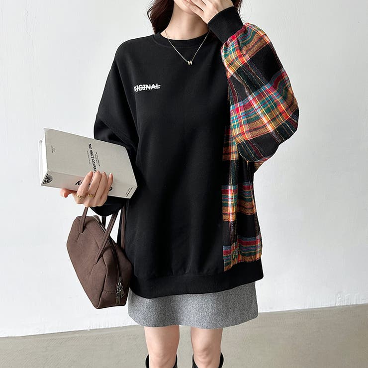 チェック柄ドッキングトレーナー オーバーサイズ スウェットトレーナー | COCOMOMO | 詳細画像11 