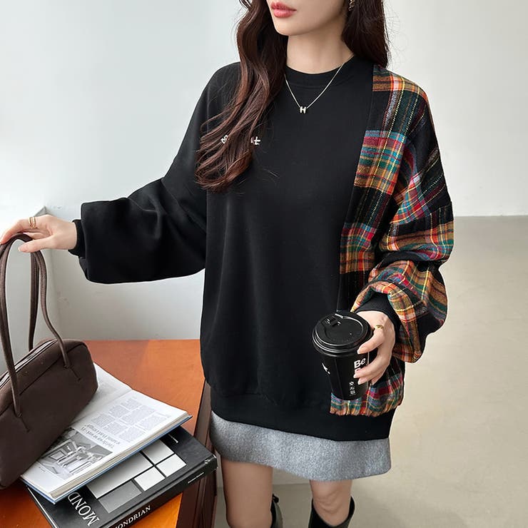 チェック柄ドッキングトレーナー オーバーサイズ スウェットトレーナー | COCOMOMO | 詳細画像14 