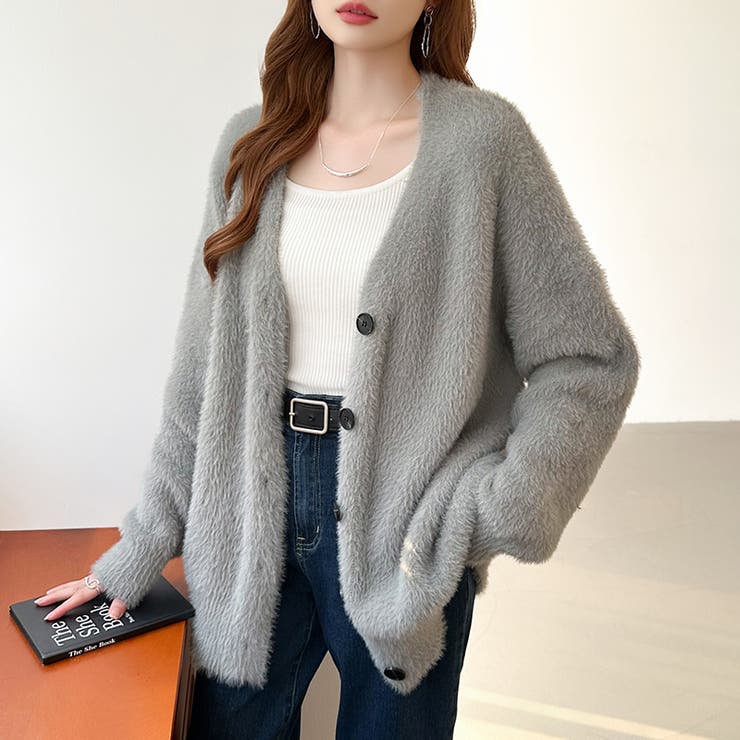 【美品✨】Plage シャギー　モヘヤ混　ニットカーディガン　ふわふわ　ブラウン フワフワシャギーVネックニットカーディガン(4色展開)sdprb1056