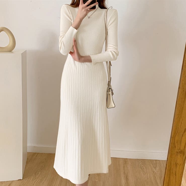 ハイネックニットワンピース ロングワンピース リブニット | COCOMOMO | 詳細画像1 