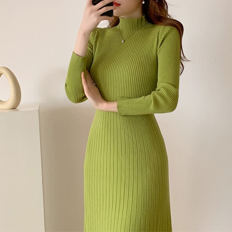 ハイネックニットワンピース ロングワンピース リブニット[品番