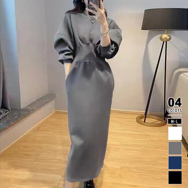 グレー | ハイウエストワンピース バルーンスリーブ ウエストマークワンピース | COCOMOMO