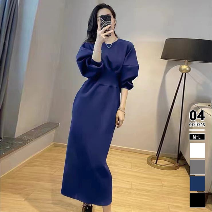 ダークブルー | ハイウエストワンピース バルーンスリーブ ウエストマークワンピース | COCOMOMO
