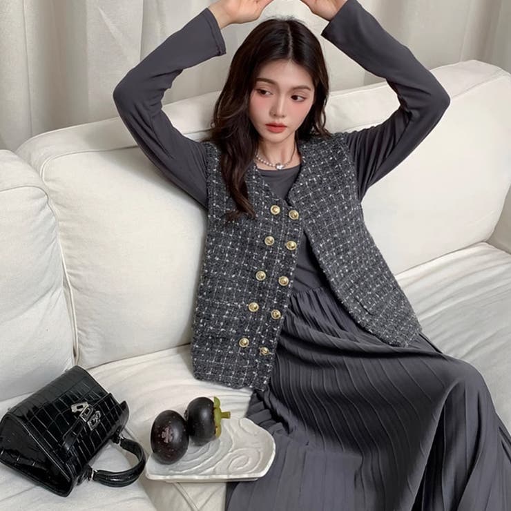 プリーツワンピース ツイードベスト セット[品番：COCW0005694