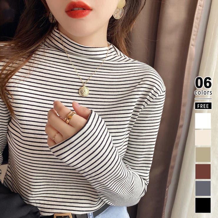 ボーダー長袖カットソー ハイネック ボーダーロンt | COCOMOMO | 詳細画像1 