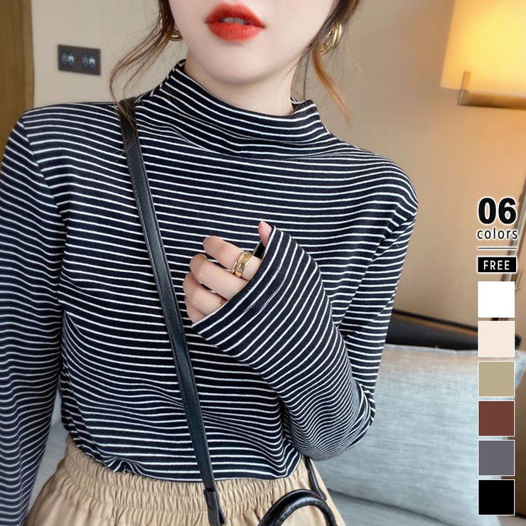 ブラック | ボーダー長袖カットソー ハイネック ボーダーロンt | COCOMOMO