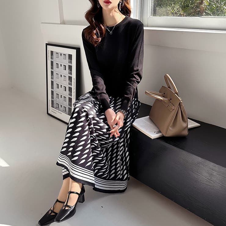 切り替えワンピース ニットワンピース 異素材切り替え | COCOMOMO | 詳細画像9 