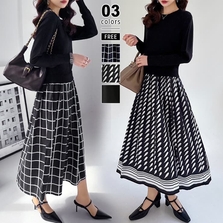 切り替えワンピース ニットワンピース 異素材切り替え | COCOMOMO | 詳細画像1 