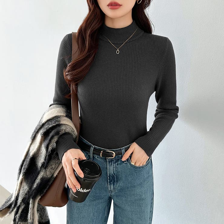 裏起毛ふわもちニット ハイネックリブニット 裏起毛ニット | COCOMOMO | 詳細画像18 