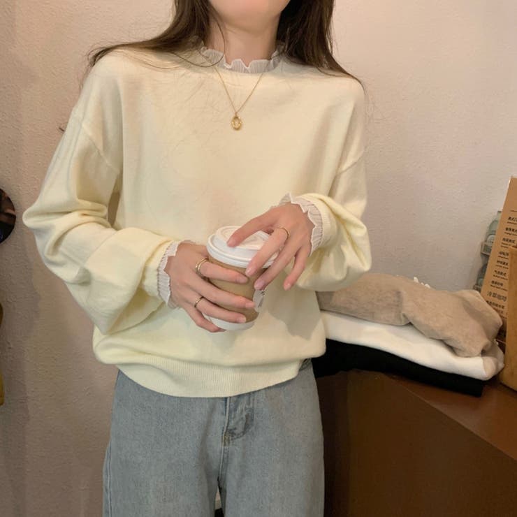 レースフリルネックニット 重ね着風ニットトップス ドッキングレース | COCOMOMO | 詳細画像14 