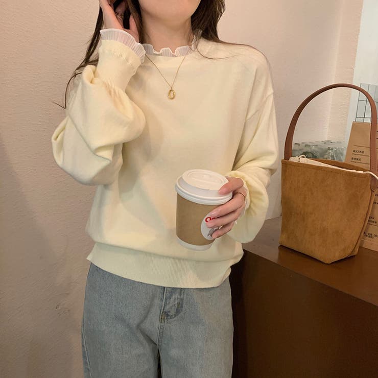 レースフリルネックニット 重ね着風ニットトップス ドッキングレース | COCOMOMO | 詳細画像9 