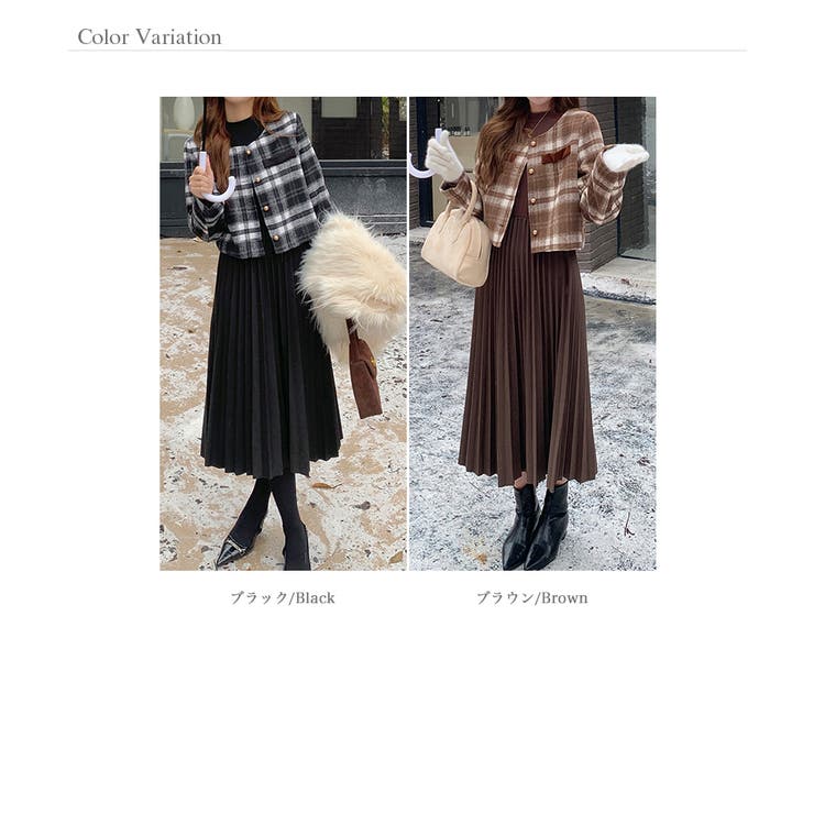 プリーツワンピース チェックジャケット 2点セット[品番：COCW0005758