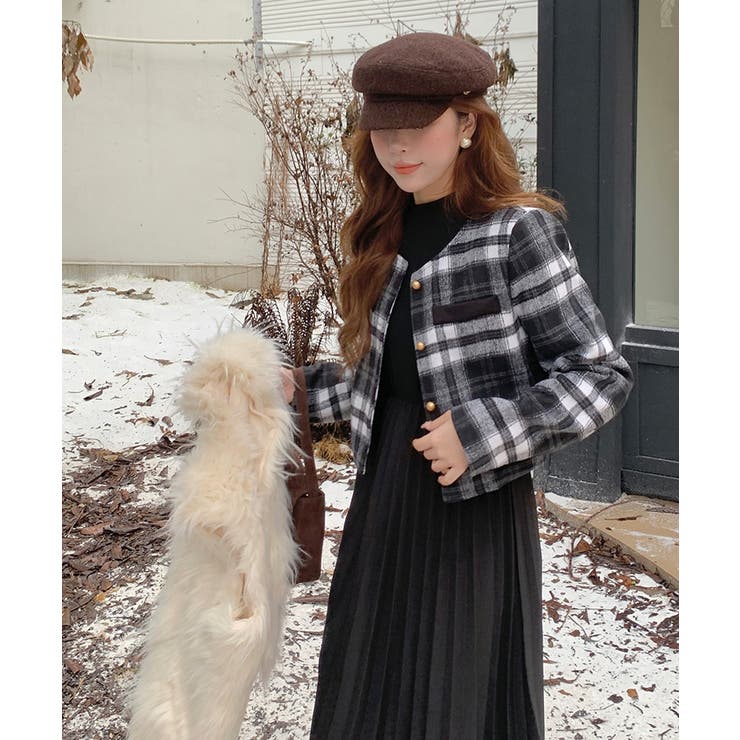 プリーツワンピース チェックジャケット 2点セット[品番：COCW0005758