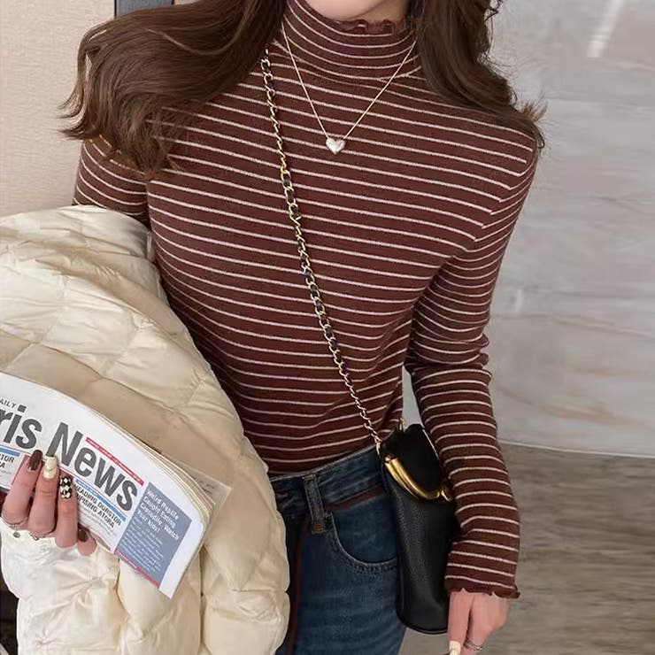 裏起毛 ボーダーハイネックニット メロウフリル | COCOMOMO | 詳細画像13 