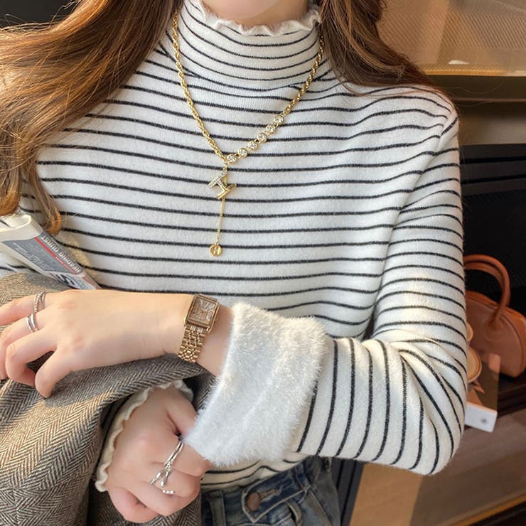 裏起毛 ボーダーハイネックニット メロウフリル | COCOMOMO | 詳細画像2 