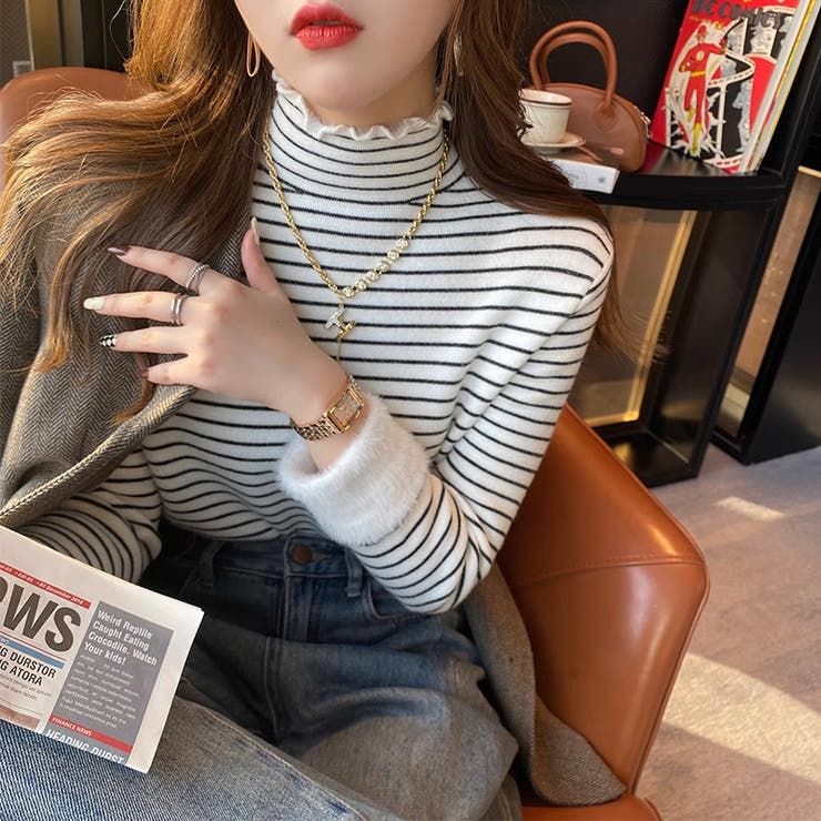 裏起毛 ボーダーハイネックニット メロウフリル | COCOMOMO | 詳細画像4 