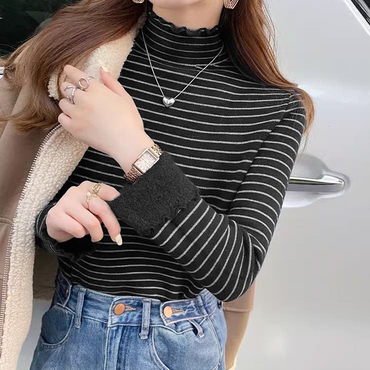 裏起毛 ボーダーハイネックニット メロウフリル | COCOMOMO | 詳細画像7 