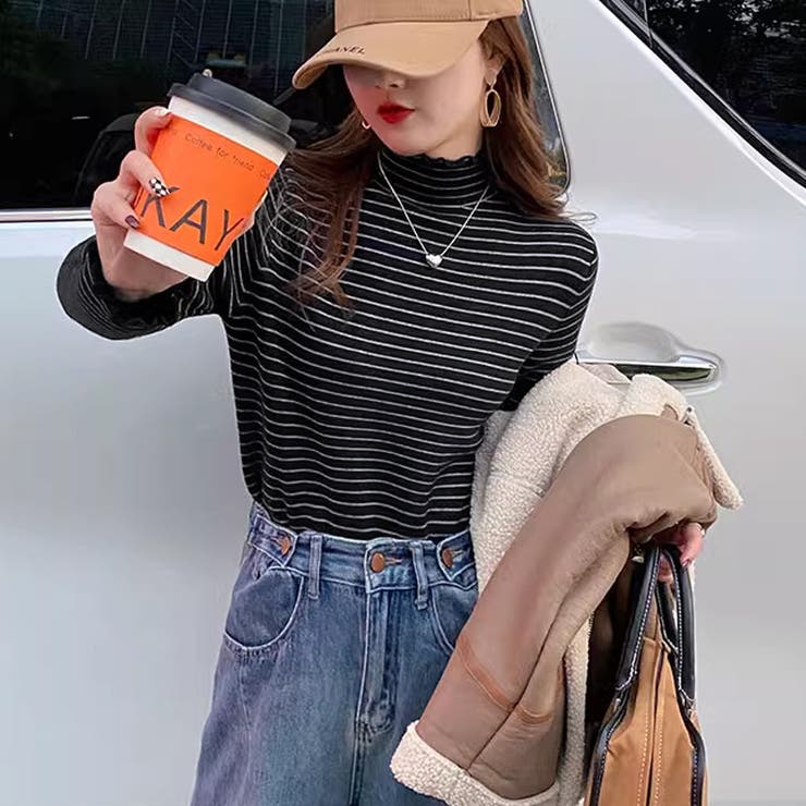 裏起毛 ボーダーハイネックニット メロウフリル | COCOMOMO | 詳細画像8 