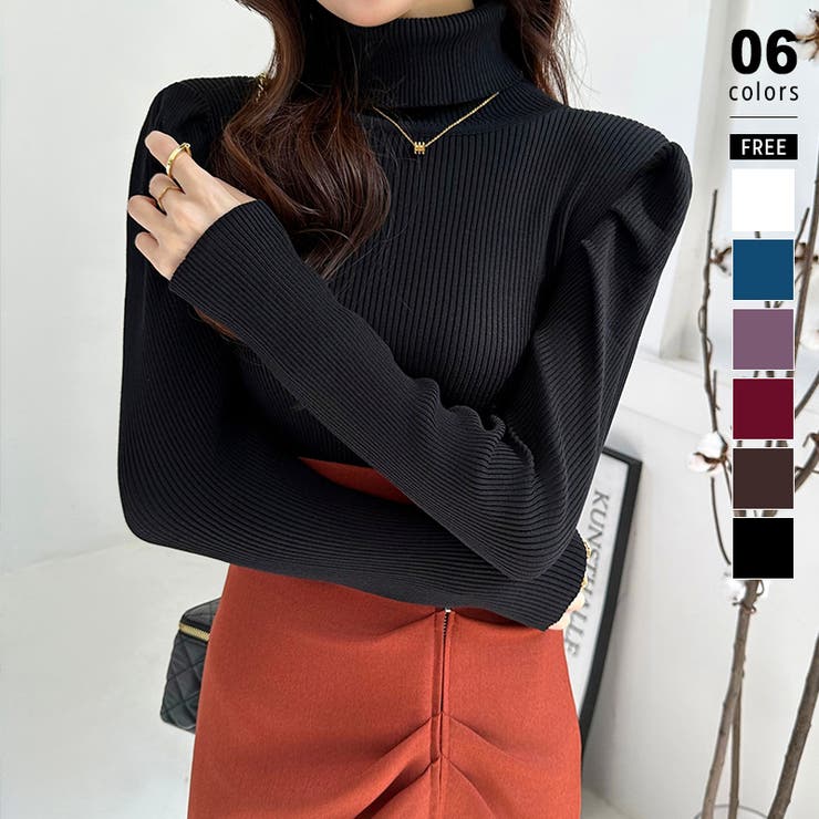 ブラック | パワショルニット タートルネック リブニット | COCOMOMO