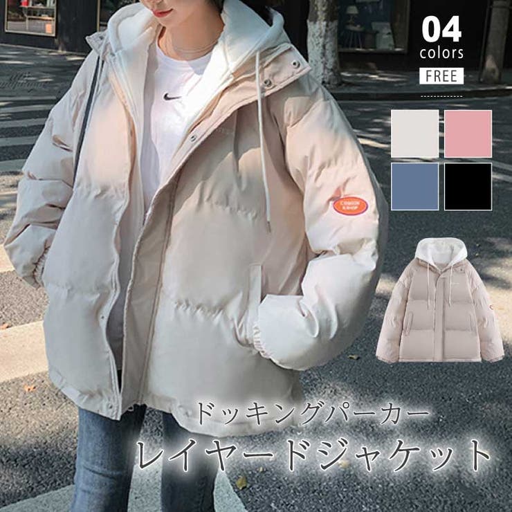 中綿コート パーカーフード付き 重ね着風[品番：COCW0005762