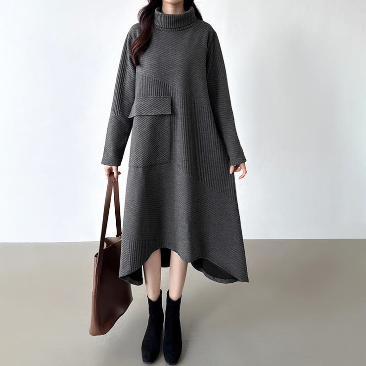 タートルネックワンピース Aライン 体型カバー[品番：COCW0005773