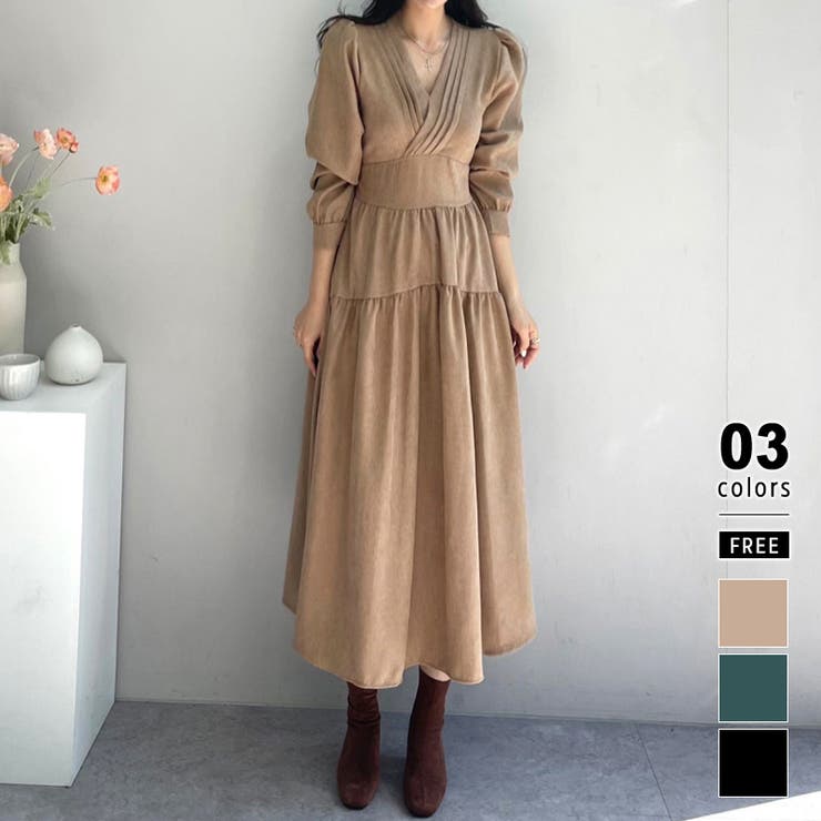 キャメル | ティアードワンピース カシュクール コーデュロイ | COCOMOMO