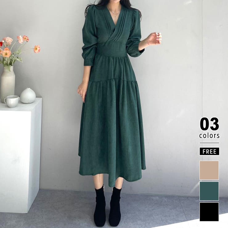 ダークグリーン | ティアードワンピース カシュクール コーデュロイ | COCOMOMO