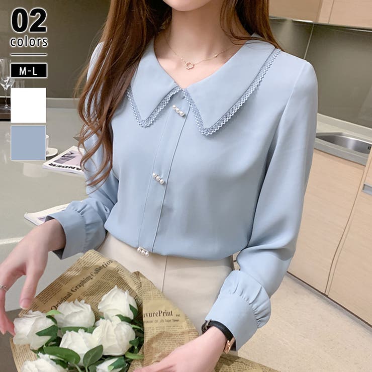 ブルー | とろみシフォンブラウス パールボタン付き オフィスカジュアル | COCOMOMO