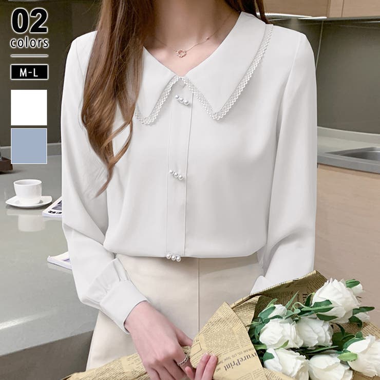 ホワイト | とろみシフォンブラウス パールボタン付き オフィスカジュアル | COCOMOMO