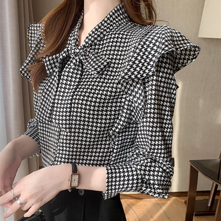 ボウタイリボンブラウス 千鳥格子 ショルダーフリル | COCOMOMO | 詳細画像7 