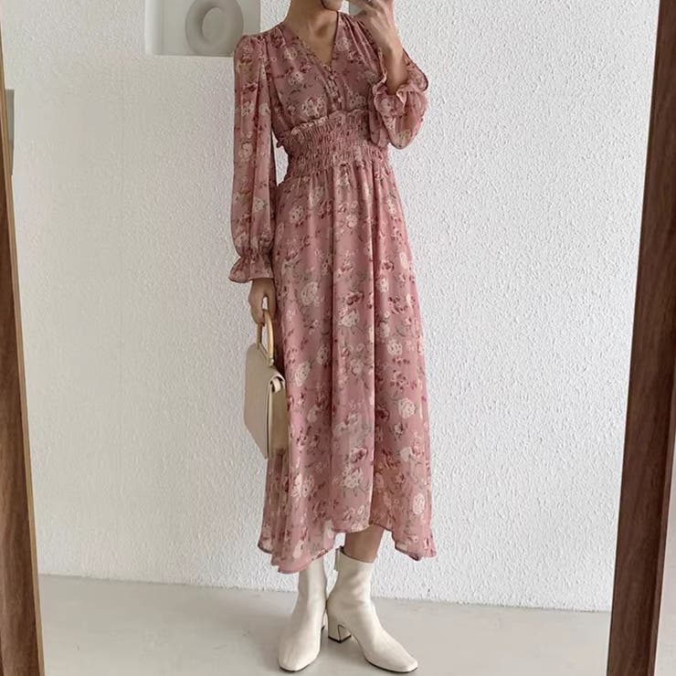 花柄シフォンワンピース ロングワンピース ウエストシャーリング
