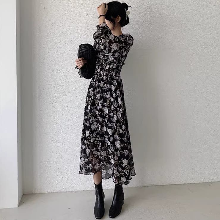 花柄シフォンワンピース ロングワンピース ウエストシャーリング[品番