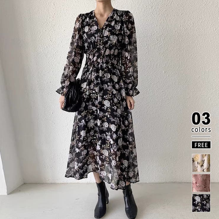 花柄シフォンワンピース ロングワンピース  ウエストシャーリング[品番：COCW0005839]｜COCOMOMO（ココモモ）のレディースファッション通販｜SHOPLIST（ショップリスト）