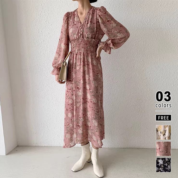 極美品✦ฺハグオーワー ロングワンピース　花柄　シフォン　ギャザー 小倉優子さん着用・洗える】大花柄シフォンワンピース