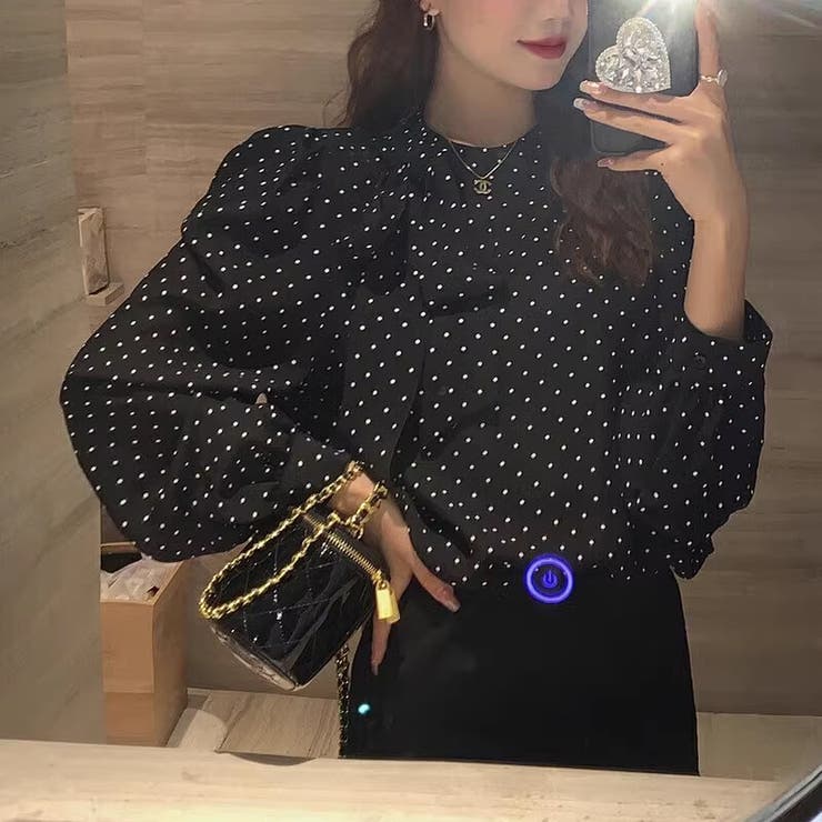 リボンブラウス ドット柄 長袖パフスリーブブラウス[品番