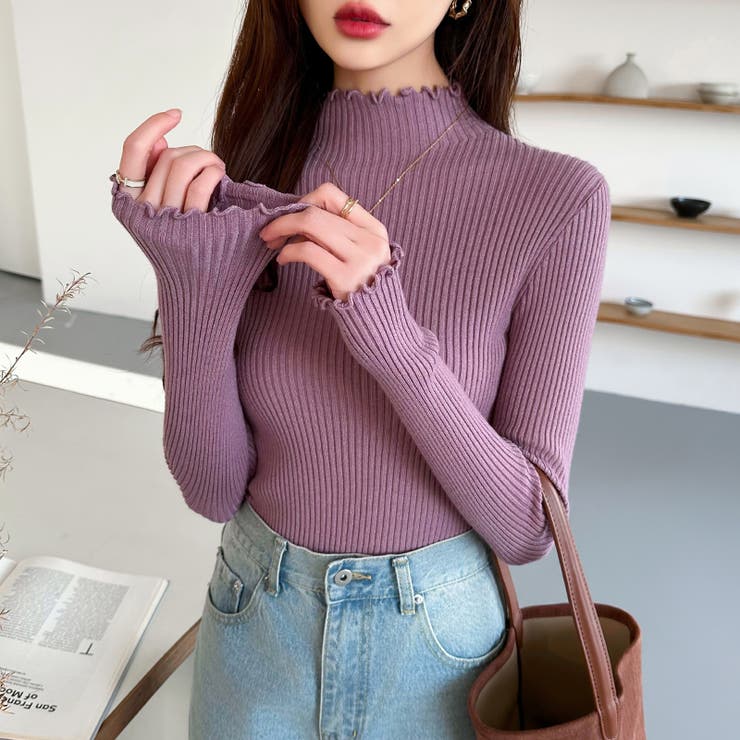 メロウフリル リブニットトップス フリルハイネック[品番：COCW0005806