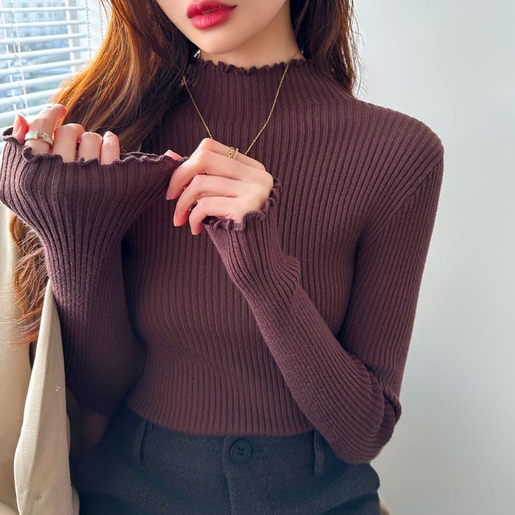 トップス mooooooco メロウフリル リブニットトップス フリルハイネック[品番