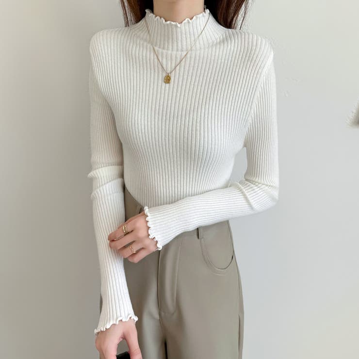 メロウフリル リブニットトップス フリルハイネック[品番：COCW0005806